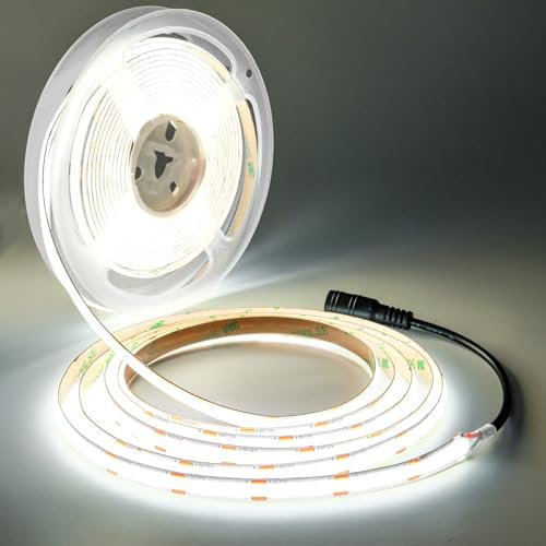 Tesfish LED Streifen Licht COB, DC 12V 5 Meter Band 480 LEDs/M Weiß 6000K Neon Licht Flexibel Super Hell Lichtleisten Leiste mit DC-Anschluss für Party, Theke, Regal, Wohnkultur