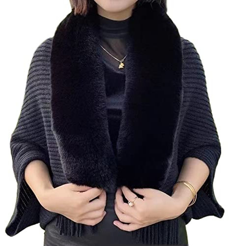 Koitniecer Damen Poncho Cape Winter Elegant Cardigan Kunstpelz Schal Wrap Strick Schal Cape Cardigan Warm Geschenk (Faux Fur-Schwarz, One Size)