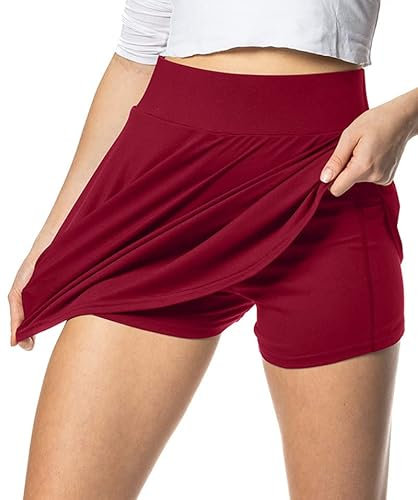 Damen Rock mit Innenshorts und Handytasche - weicher Microfaser Stoff mit knitterfreien hohem Bund - Bordeaux L