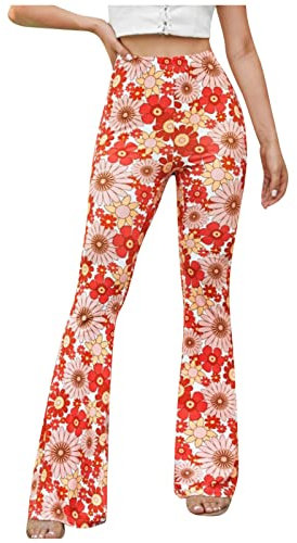 EMATOP Hose Damen Boho Strandhose Hippie Blumen Schlaghose Weites Bein Palazzo Sommerhose Elegant High Waist Bootcut Freizeithose Schön Blumen Druck Caprihose Elastische Taille Yogahose