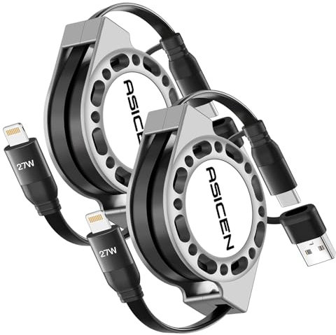 ASICEN 2 en 1 Cable Cargador iPhone 27W, 1.2M Cable Lightning Retráctil, Cable iPhone Carga Rapida [MFI Certified] USB A/Tipo C a Lightning para iPhone 14/13/12/11,iPad,AirPods-2Paquete