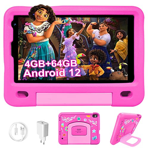 Tablet para Niños Android 12, Tablet 8 Pulgadas 4GB RAM 64GB ROM/TF 128GB, Control Parental, Kids Educativos, Tablet Infantil WiFi 4000mAh, Dual Cámara, Tablet WiFi Play Store con Funda EVA(Rosa)