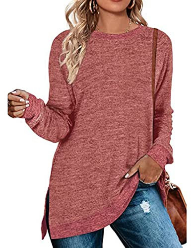 Women's Long Sleeve Round Neck Colour Blocking Top Loose Casual Hem Open Pullover T-Shirt