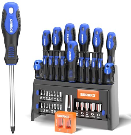 SORAKO 40 Pcs Screwdriver Set,Heavy Duty Chrome Vanadium Steel Made,Magnetic Screwdriver with Flathead and Phillips Heads and Storage Racks for Home,Office, and Farm Maintenance