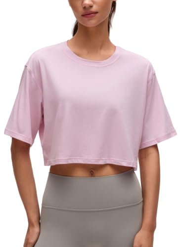 CRZ YOGA Pima Cotton High Neck Crop T-Shirt | Workout, Natürlich Weich, Loose Fit, Sportshirt Kurzarm für Damen