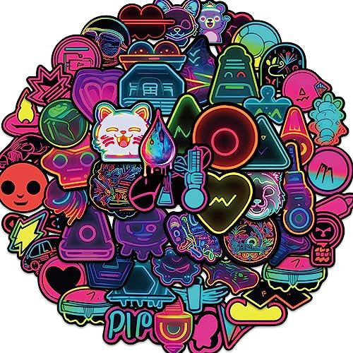 Coole Neon Aufkleber Set - 60 Stück Wasserdichte Vinyl Sticker für Laptop, Skateboard, Trinkflasche, Handy, Tagebuch, Tassen, Fahrrad, Auto und mehr