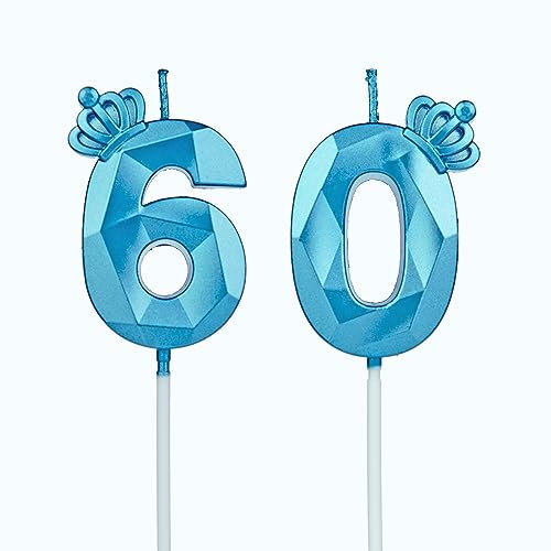 Geburtstagskerzen Zahlen 60 mit Krone,3D Kerzen Geburtstag für Kuchen geburtstagsdeko, Geburtstag Kerzen Zahlen, Geburtstagskerzen Kinder für Partys, Hochzeiten, Firmenfeiern, Jubiläen (Blau, #60)
