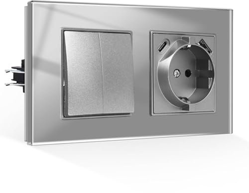 CNBINGO Lichtschalter mit USB Steckdose Unterputz - Glas Schuko Steckdose mit USB-A und Typ-C Port (Max. 2,1 Amp total) Gehärteter Glasscheibe Steckdose mit Steckklemme - 2 Fach 1 Weg, Grau