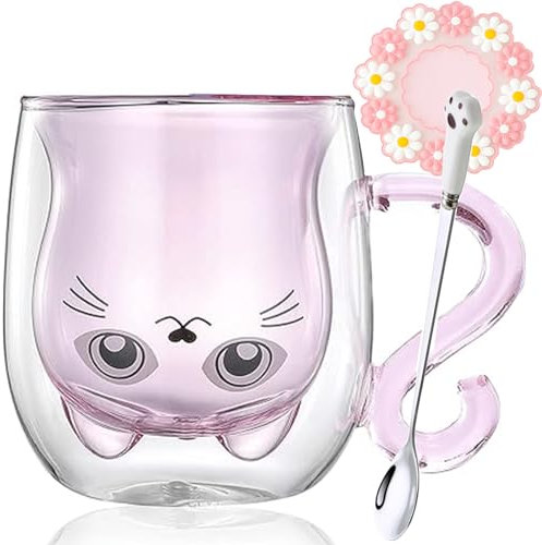 Arawat Tasse Chat Rose Verre Verres à Double Paroi Chat Avec Anse Rose Tasses à Café Tasses à Café Tasses Chat Verres à Thé Cadeau d'Anniversaire Pour Femme Amie
