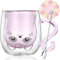 Arawat Tazza Gatto Rosa Vetro Bicchieri Doppia Parete Gatto Con Manico Rosa Tazza Caffè Con Cucchiaio & Sottobicchiere Tazze Tazze Gatto Bicchieri Tazza Tè Regalo Di Compleanno Per Donne Fidanzata