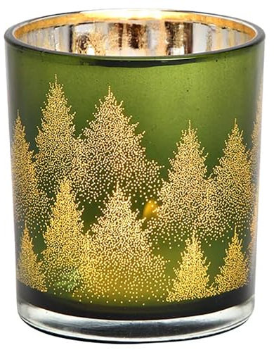 Windlicht Tannenbaum Glas | Teelichtglas Weihnachten Winter | Hirsch Teelichthalter (Tannen grün)