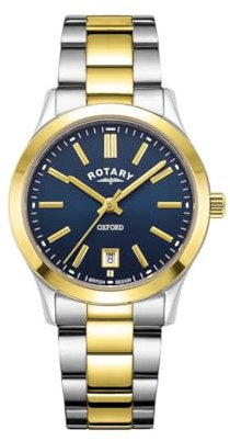 Rotary Damen Quartz Armbanduhr, 30.00mm Gehäusegröße mit blau analog Zifferblatt und Two-Tone Gold Metallarmband Armband LB05521/05