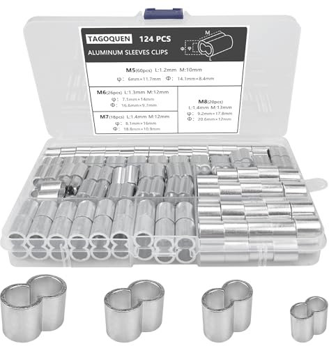124 Pezzi 4 Misure Morsetti per Fune 5 mm/6 mm/7 mm/ 8 mm - Morsetti a strozzo in Alluminio - Manicotti a crimpare per Corde di espansione - Morsetto a Doppio Foro Alluminio per Corda in Acciaio