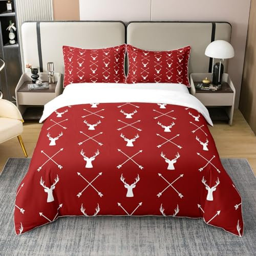 richhome 100% Natur Baumwolle Hirsch Geweih Bettbezug, Outdoor Wild Elch Bettwäsche Set für Zimmer, Retro Rot Ganzjahres Bettwäsche mit Reißverschluss Verschluss 155x220