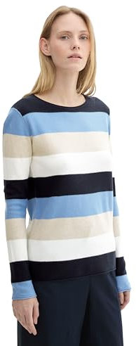TOM TAILOR Damen Strickpullover mit Rundhals, 36290 - Blue Block Stripe, L