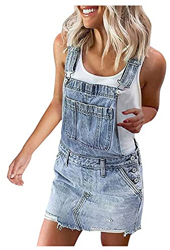 Salopette courte pour femme - Jupe en jean pour femme - Longueur genou - Mini jupe en jean stretch - Avec bretelles - Jupe en jean - Look usé - Combinaison d'été - Salopette en jean - Salopette pour