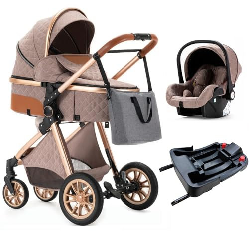 Gcarebb Kinderwagen 3 in 1 mit Isofix Basis, Kinderwagen Buggy Auto Babyschale, Mit Einem Klick Zusammenklappbarer Tragbarer Kinderwagen Komplettset, KombiKinderwagen Aluminiumrahmen für Neugeborene