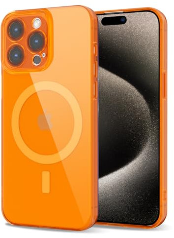 Svanove for iPhone 15 Pro Max Case Clear Compatible with Magsafe, Fluorescent Transparent Magnetic Magnet Mag Case, Slim Thin Bright Silicone Grip & Shockproof Bumper Camera Cover, Neon Orange