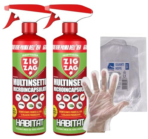 ZigZag Insetticida Spray Multinsetto Microincapsulato. Inodore, Ideale Per Cimici, Zanzare, Scarafaggi, Formiche, Prodotto a Lento Rilascio 500ml+OMAGGIO 100pz Guanti HDPE Monouso (2 Spray+1CF Guanti)