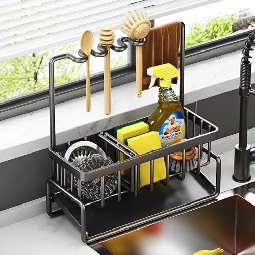 TFSZE Spülbecken Organizer,Spülbecken Organizer Schwarz Küchen Sink Caddy Organizer,Schwammhalter mit Selbstentleerender Ablaufwanne,Spülmittel Halterung,Spüllappenhalter,Spülorganizer Spüle Ablage
