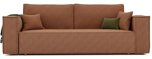 GREKPOL Schlafsofa mit Bettkasten 240x105 - Cord Ziegelrot Sofa mit schlaffunktion - Couch mit Schlaffunktion - Sofa 3 Sitzer - Wohnzimmer Couch - Schlafcouch