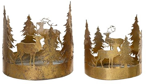 Kaemingk Teelichthalter Metall 8-10cm - 2er Set Teelicht Kerzenhalter mit Hirsch & Bäumen - Outdoor Tischdeko Windlicht Gold