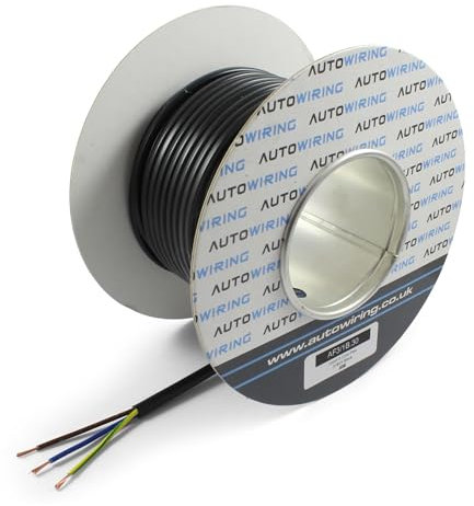 AUTOWIRING Cavo flessibile a 3 nuclei in PVC nero, 1,0 mm², 10 Amp, 3183Y, cavo di rete 240 V (rotolo da 30 m)