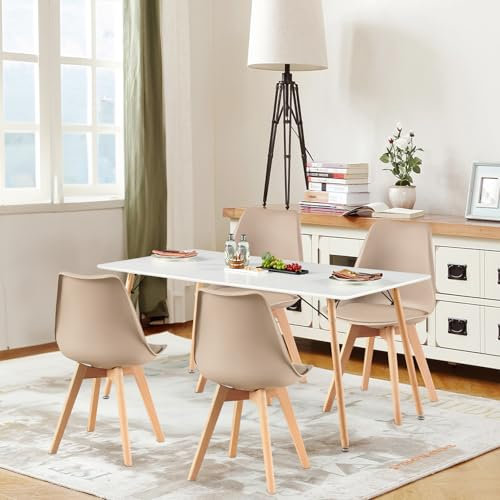 H.J WeDoo Esszimmergruppe Esstisch mit 4 Stühlen Essgrupp, Rechteckig Küchentisch und 4er Set Esszimmerstühle Sitzgruppe für Wohnzimmer Küche Büro(160x80cm Tisch+4 Khaki Stühle)