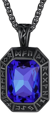 ChainsHouse Schwarz Kette mit Onyx Stein Herren Halskette Edelstahl Männer Saphir Stein Anhänger mit Runen Damen Rune Kette mit Blau Zirkon Runen Kettenanhänger Wikinger Modeschmuck für Sohn
