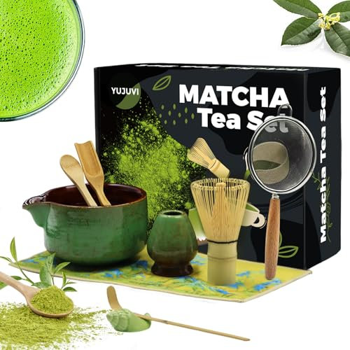 YUJUVI Matcha kit Matcha Whisk Set Accessoire de cérémonie du Matcha Japonais 9 pièces Bol Matcha avec Bec Fouet au Matcha Ouillère à Thé Kit de Fabrication de Thé (Vert Magique kit)