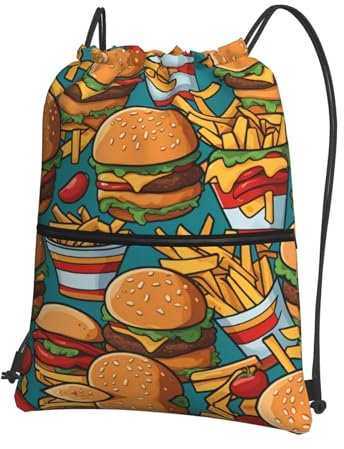 LLKGOT Rucksack mit süßem Burger-Pommes-Druck, Kordelzug, Reißverschluss, stark und leicht, für Wandern, Camping, Schwarz, Einheitsgröße