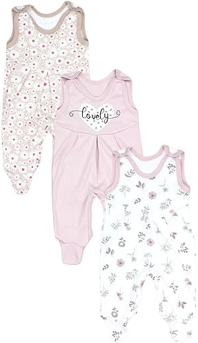 TupTam Baby Mädchen Strampler mit Fuß 3er Pack, Farbe: Blätter Blumen Herzchen Puderrosa Hellbeige, Größe: 56