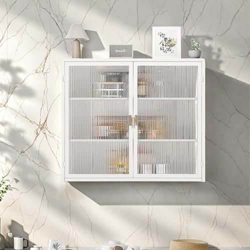 YLSZHY Gabinete de pared para cocina y baño con 2 puertas de cristal, armario de almacenamiento montado en la pared con estantes desmontables, botiquines para cocina, baño, sala de estar, comedor