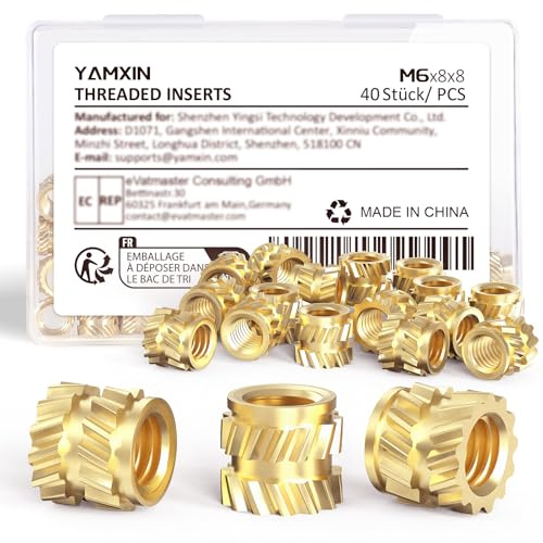M6 Gewindeeinsätze für 3D-Druck, 40 Stück, M6 x 8 x 8 mm, Messing | Gerändelte M6 Messing-Einschmelzmuttern für 3D-Druck und Kunststoffteile – zum Einsetzen mit Wärme für stabile Gewinde