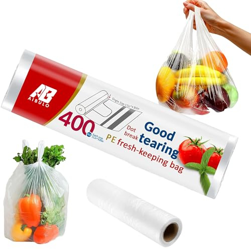 AIBULO 400 Clear Freezer & Food Storage Bags with Tie Handles – Heavy-Duty, Leak-Proof, Food-Grade Plastic for Meat, Veggies, Leftovers, Meal Prep – Durable, Reusable & Eco-Friendly Kitchen Bags