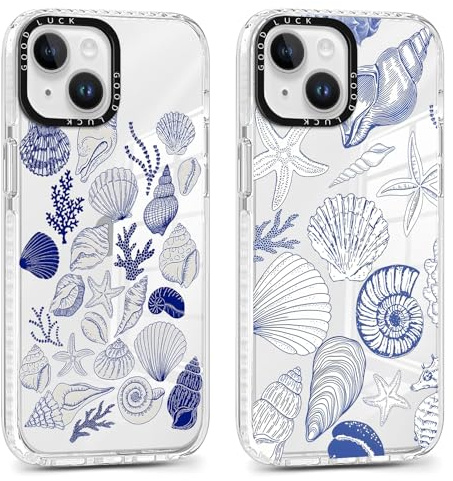 Xylota 2 Stück Transparent Handyhülle für iPhone 15 6,1 Hülle, Durchsichtig Case Aesthetic Muscheln Sommer Muster Mädchen Schutzhülle, Weich Silikon TPU Stoßfeste Cover für iPhone 15,Blau