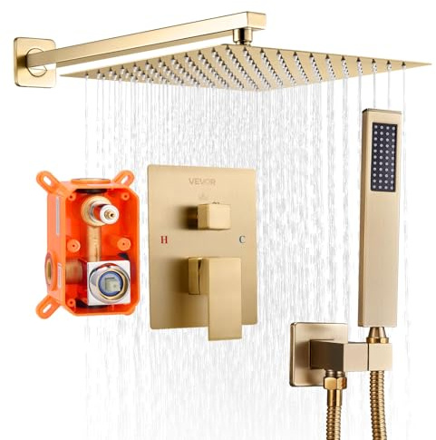 VEVOR Set Doccia, Sistema Doccia a Pioggia per Bagno con Soffione Quadrato da 25,4 cm e Doccetta, Accessori per Vasca da Parete con Valvola in Ottone e Kit di Finitura, Oro Spazzolato
