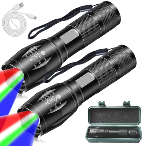 Linterna LED 4 en 1, 2 unidades, linterna multicolor con rojo, verde, azul, luz blanca, linterna recargable USB, foco impermeable para camping, emergencia, aventura al aire libre