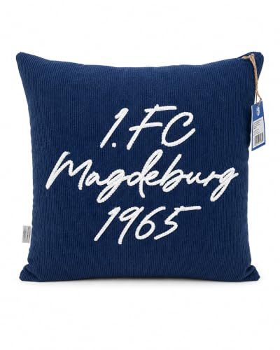 1. FC Magdeburg Kordkissen 1965 – Offizielles FCM Fan Kissen aus Cord – Blaues Sofakissen mit Vereinslogo – Fußball Fanartikel Geschenk für Fans – Deko Kissen Wohnzimmer & Schlafzimmer