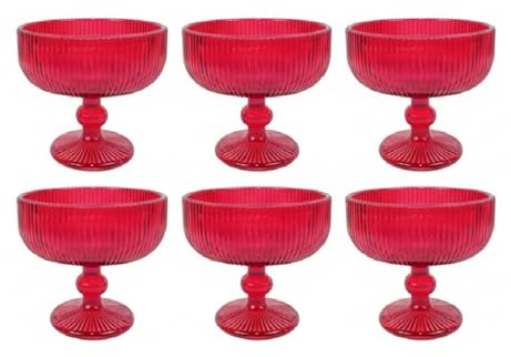 COSE DA CASA Set 6 Coppe Vetro Rosso con Piede 310 ml Coppette Gelato Macedonia Dolci Eleganti per una tavola di Natale Effetto rigato Eleganti per le Feste e Occasioni Speciali