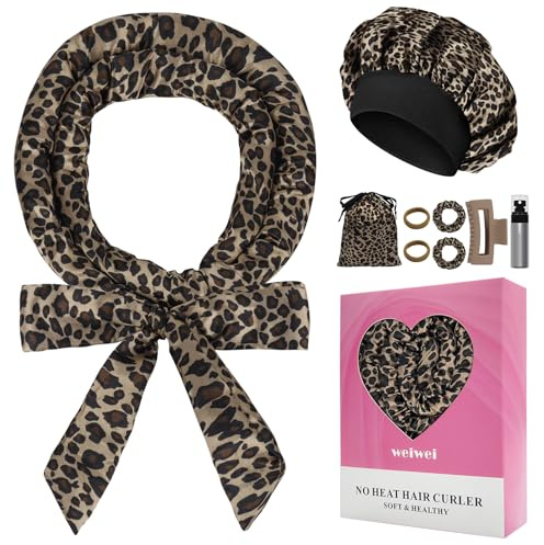 weiwei Ensemble de Boucles Sans Chaleur Satin, Boudin Cheveux Boucle Sans Chaleur, Bigoudi Satiné Sans Chaleur pour Dormir, Bigoudis Sans Chaleur pour Cheveux Longs et Courts, Léopard Marron, lot de 9