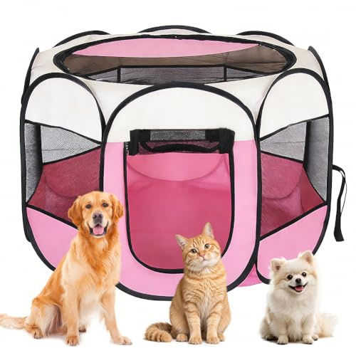 Welpenlaufstall Hundekäfig für Wohnung, 74x74x43cm Tierlaufstall Welpenauslauf-Stall, Freigehege,Katzengehege Outdoor und Indoor für Kleintiere wie Hunde und Katzen (Beige + Rosa)