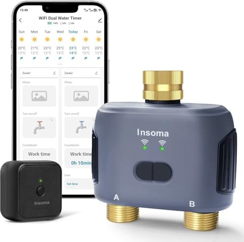 2-Zonen-Wasser-Timer mit Messing-Ein- und Auslass, Sprinkler-Timer für Gartenschlauch, APP-Fernbedienung, WiFi-Schlauch-Timer mit Gateway, Sprachsteuerung mit Alexa, Regenverzögerung und manueller Mod