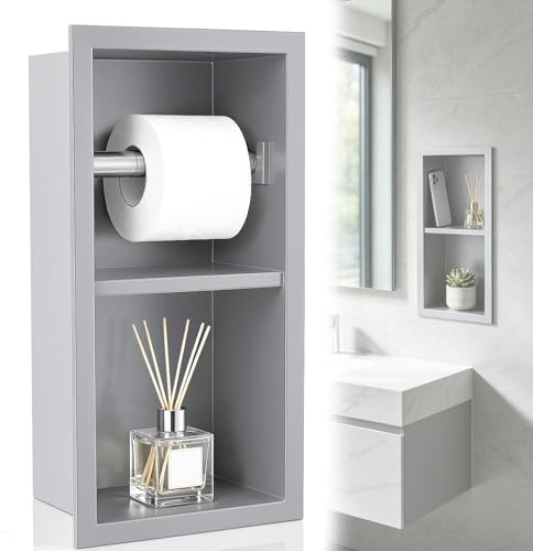 Porte-Papier Toilette Encastrable, Acier Inoxydable 304 WC Porte-Papier Toilette Support pour Rouleau épais Meuble Salle Bain Niche Murale 31 × 15 × 10 Cm avec Bord Roulé 1 Cm (Argent, B)