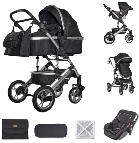BRONEA EXQUISE 2.0 Kinderwagen 3-in-1 Komplettset Inkl. Auto-Babyschale, Babywanne | Buggy, Zusammenklappbar, Wickeltasche, Regenschutz, Mücken- & Sonnenschutz (Silber-Schwarz)