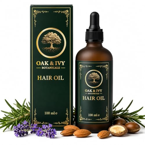OAK & IVY BOTANICALS Rosemary Hair Growth Oil – 100% Organic Blend with Caffeine, Castor, Coconut, Olive, Almond, Argan, Lavender & Grapeseed Oils – Nourishing Hair Oil for Women & Men – 100ml
