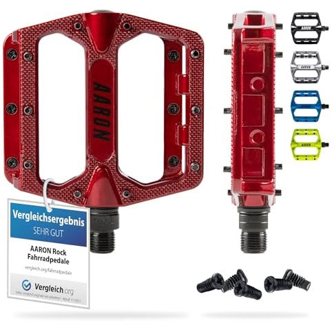 AARON Rock MTB Pedale aus Alu mit abgedichteten Industrie-Kugellager, rutschfest durch austauschbare Pins, Plattform Fahrradpedale für E-Bike, BMX, Trekking, rot