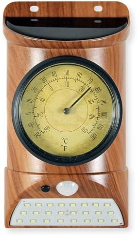 Solarlampen für den Außenbereich, 24 LEDs, Bewegungssensor + Dunkelheitsmelder, kabellose Wandleuchte, Thermometer, Anzeige Temperatur °C/°F, Dekoration Garten, Farbe Holzoptik