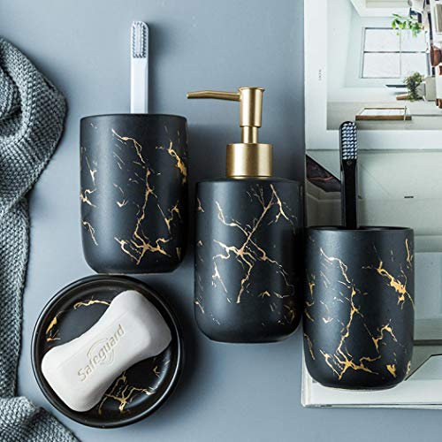 Bathroom Accessory Sets 4 Pcs/Set White Black Ceramic Bathroom Set Luxury Marble Bath Accessories Set Toothbrush Holder, Lotion Dispenser, Tumbler, Soap Dish (Black)