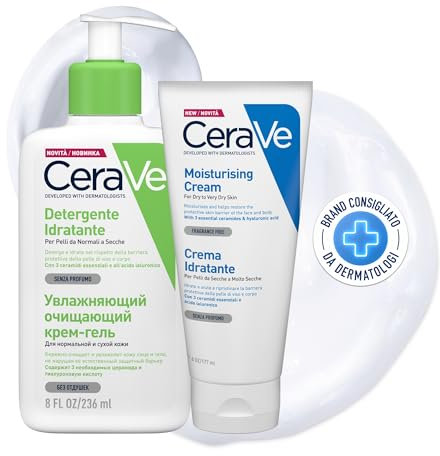 CeraVe Hautpflegeset für trockene Haut, feuchtigkeitsspendende Gesichts- und Körpercreme, für trockene Haut, 177 ml + feuchtigkeitsspendendes Gesichtsreiniger, für normale bis trockene Haut, mit